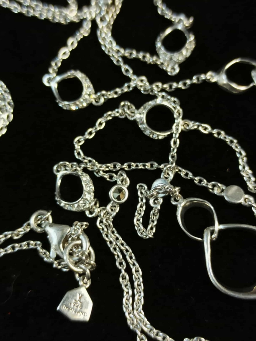 Vintage Sterling Silver Station Necklace Gray Crystal Bezel Long Thailand 925